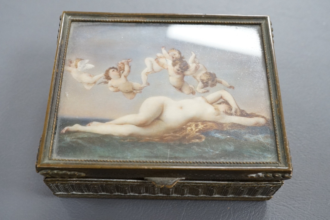 A 19th century French brass hinged box, with inset painted porcelain cover depicting the birth of Venus, 9cm wide. Condition - fair/good